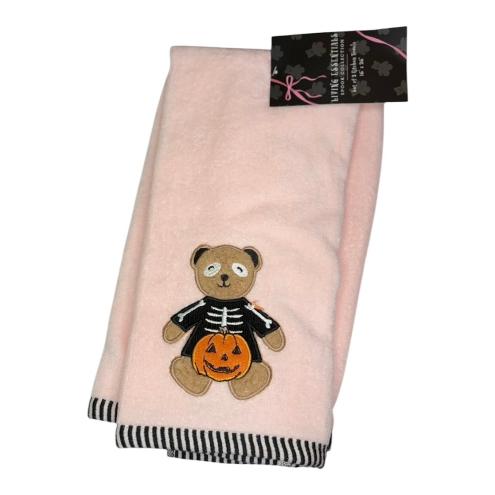 TEDDY BEAR SKELETON PUMPKIN PINK HALLOWEEN KITCHEN TOWELS